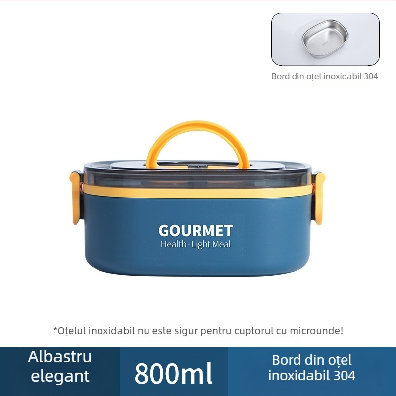 Cutie de prânz din plastic, izolație în trei straturi, formă pătrată, capacitate 0.8–2 L, incompatibilă cu cuptorul cu microunde.