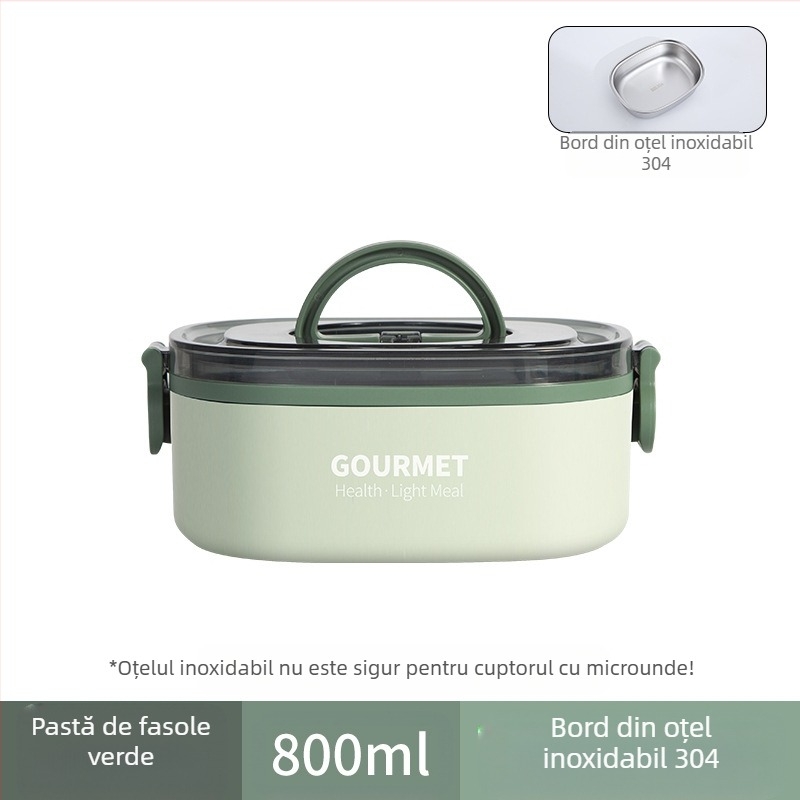 Cutie de prânz din plastic, izolație în trei straturi, formă pătrată, capacitate 0.8–2 L, incompatibilă cu cuptorul cu microunde.
