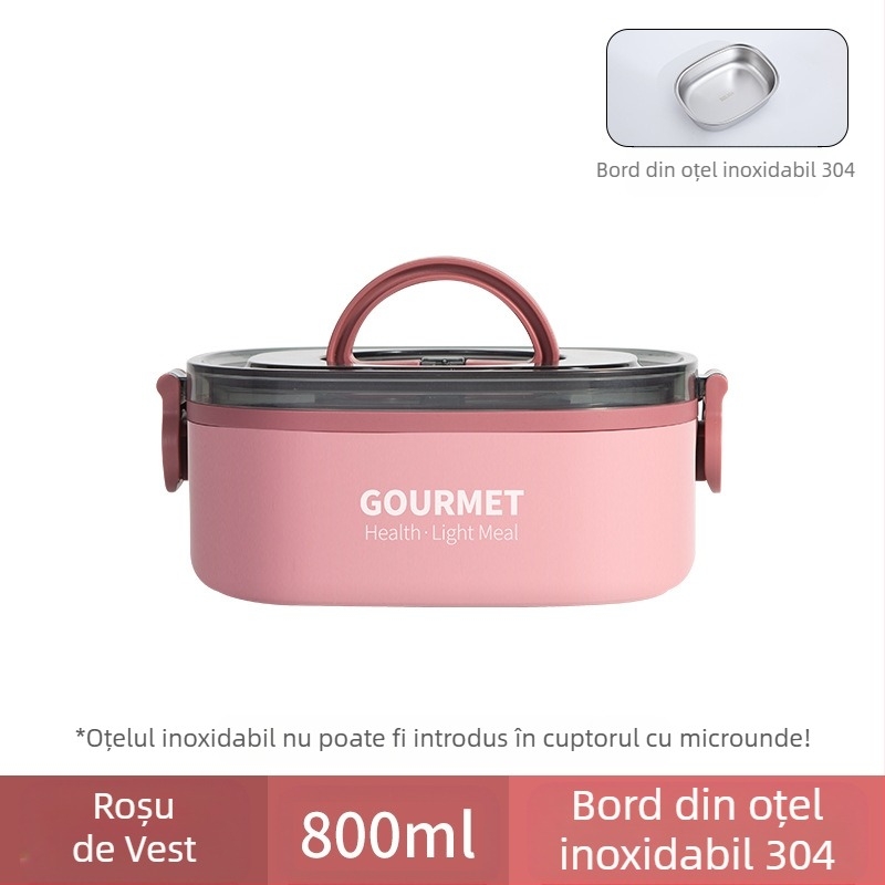 Cutie de prânz din plastic, izolație în trei straturi, formă pătrată, capacitate 0.8–2 L, incompatibilă cu cuptorul cu microunde.
