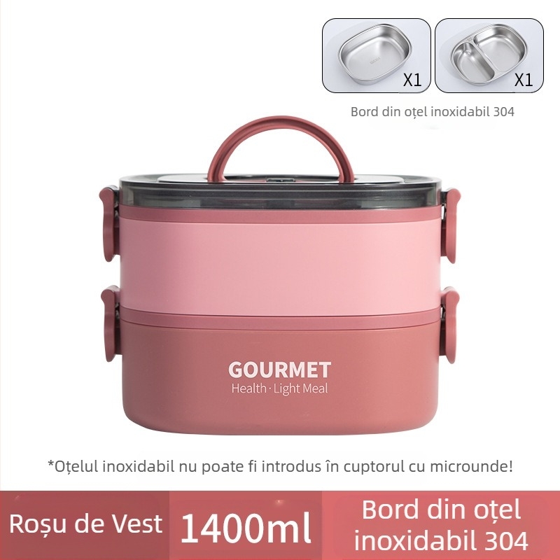 Cutie de prânz din plastic, izolație în trei straturi, formă pătrată, capacitate 0.8–2 L, incompatibilă cu cuptorul cu microunde.