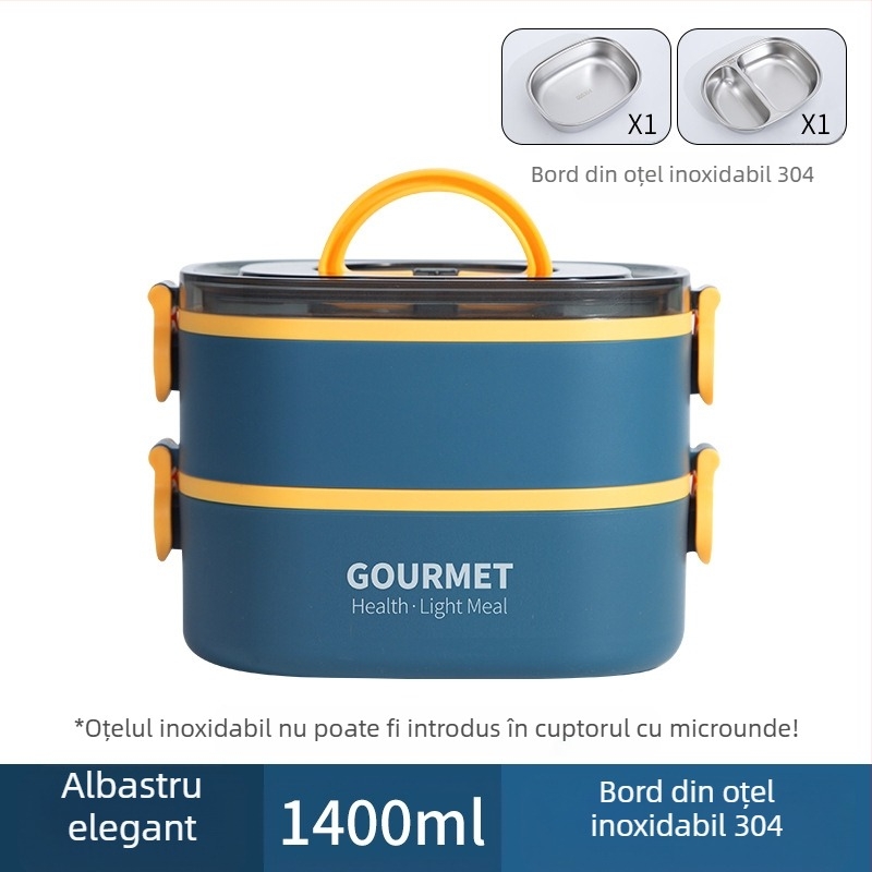 Cutie de prânz din plastic, izolație în trei straturi, formă pătrată, capacitate 0.8–2 L, incompatibilă cu cuptorul cu microunde.