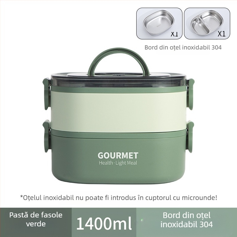 Cutie de prânz din plastic, izolație în trei straturi, formă pătrată, capacitate 0.8–2 L, incompatibilă cu cuptorul cu microunde.