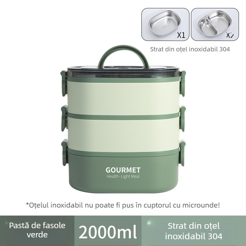 Cutie de prânz din plastic, izolație în trei straturi, formă pătrată, capacitate 0.8–2 L, incompatibilă cu cuptorul cu microunde.