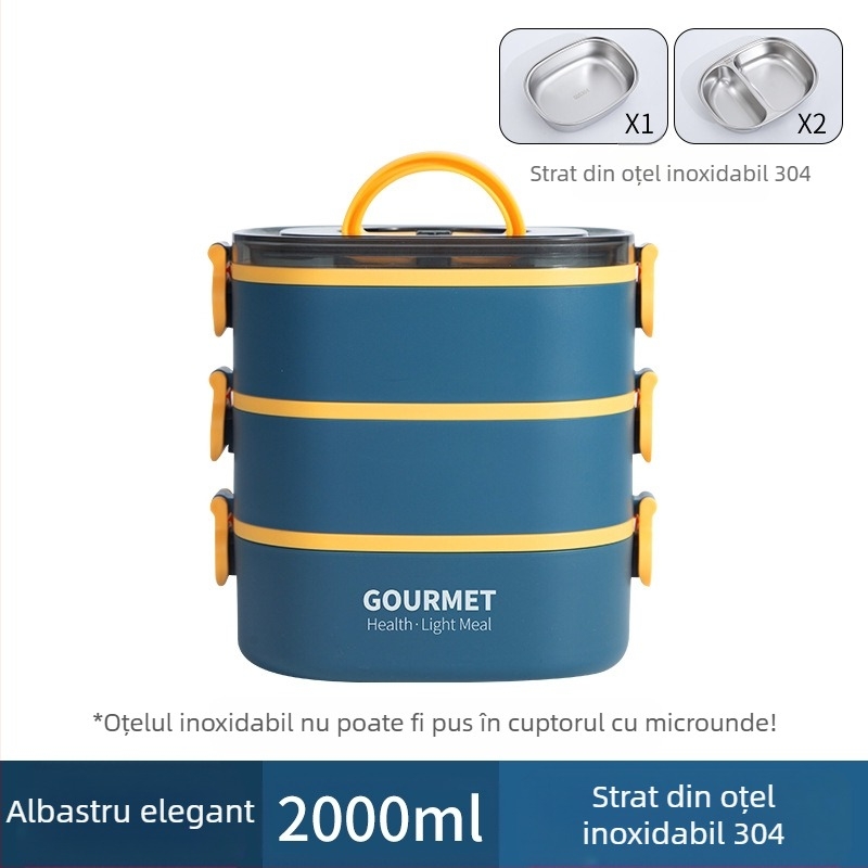 Cutie de prânz din plastic, izolație în trei straturi, formă pătrată, capacitate 0.8–2 L, incompatibilă cu cuptorul cu microunde.