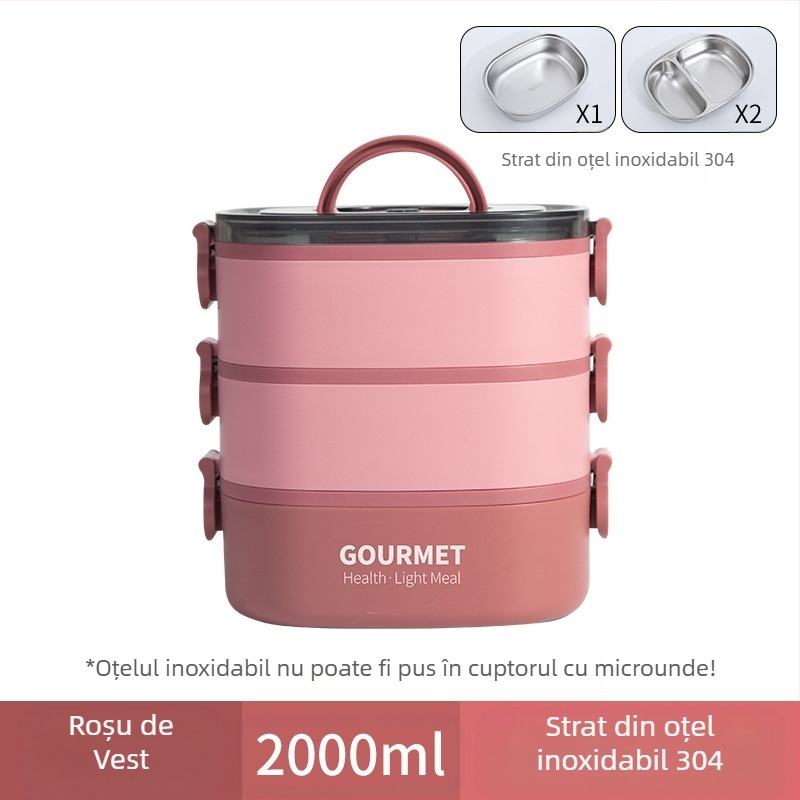 Cutie de prânz din plastic, izolație în trei straturi, formă pătrată, capacitate 0.8–2 L, incompatibilă cu cuptorul cu microunde.