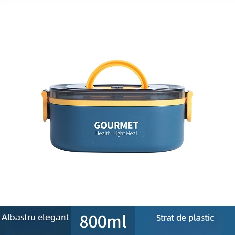 Cutie de prânz din plastic, izolație în trei straturi, formă pătrată, capacitate 0.8–2 L, incompatibilă cu cuptorul cu microunde.