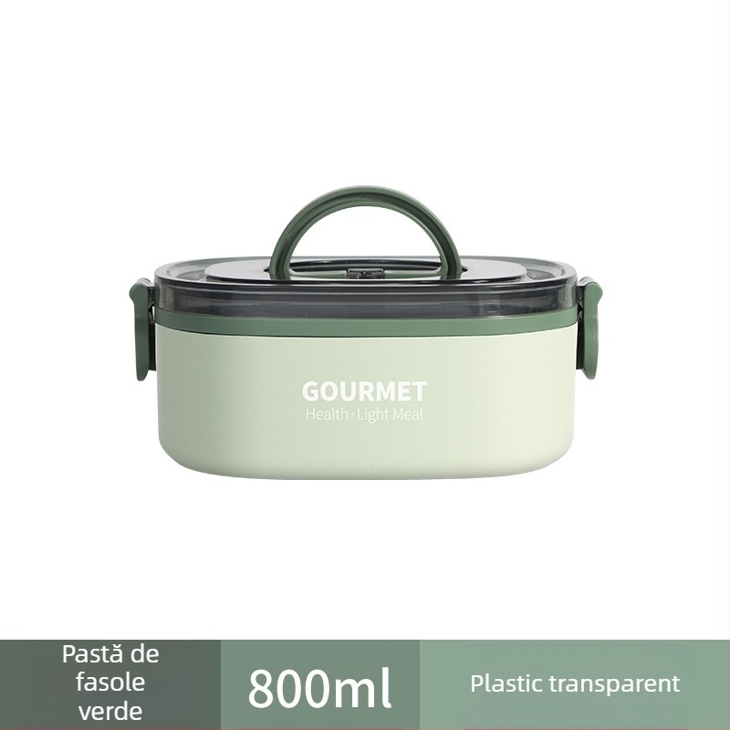 Cutie de prânz din plastic, izolație în trei straturi, formă pătrată, capacitate 0.8–2 L, incompatibilă cu cuptorul cu microunde.
