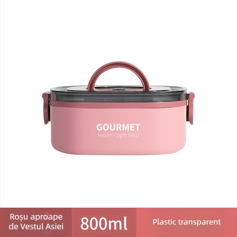 Cutie de prânz din plastic, izolație în trei straturi, formă pătrată, capacitate 0.8–2 L, incompatibilă cu cuptorul cu microunde.