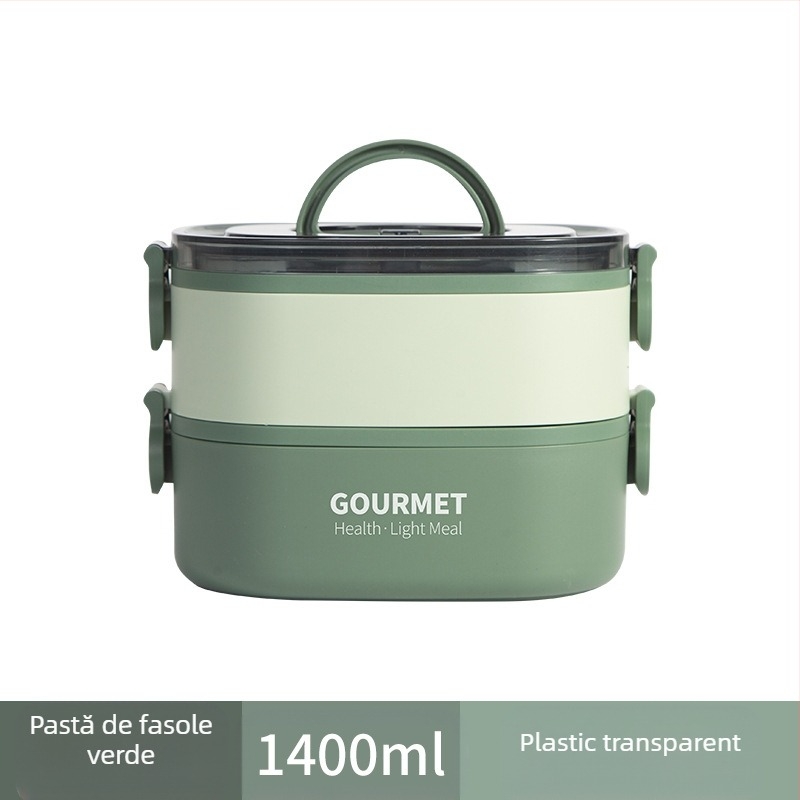 Cutie de prânz din plastic, izolație în trei straturi, formă pătrată, capacitate 0.8–2 L, incompatibilă cu cuptorul cu microunde.