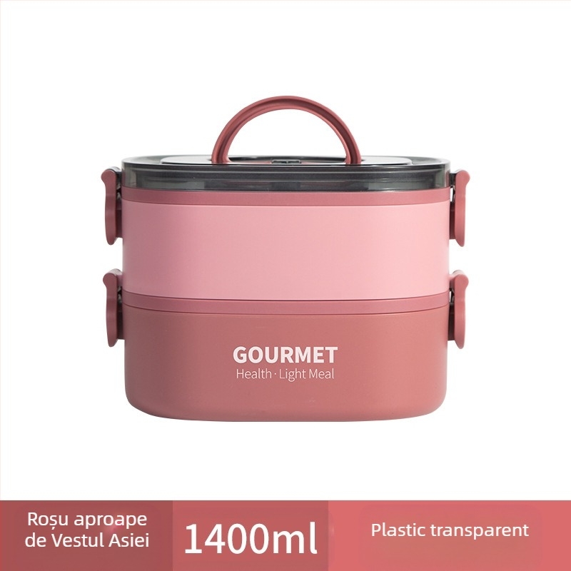 Cutie de prânz din plastic, izolație în trei straturi, formă pătrată, capacitate 0.8–2 L, incompatibilă cu cuptorul cu microunde.