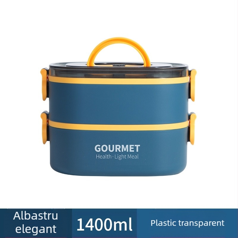 Cutie de prânz din plastic, izolație în trei straturi, formă pătrată, capacitate 0.8–2 L, incompatibilă cu cuptorul cu microunde.
