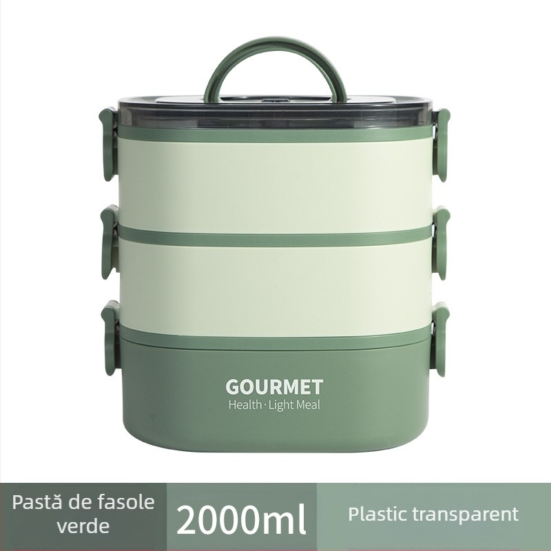 Cutie de prânz din plastic, izolație în trei straturi, formă pătrată, capacitate 0.8–2 L, incompatibilă cu cuptorul cu microunde.