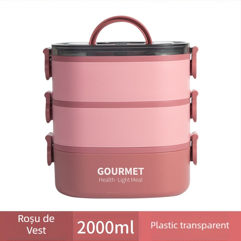 Cutie de prânz din plastic, izolație în trei straturi, formă pătrată, capacitate 0.8–2 L, incompatibilă cu cuptorul cu microunde.