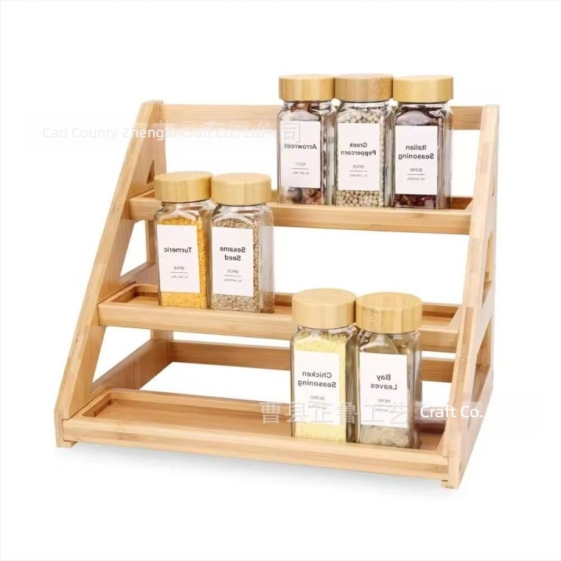 Raft pentru condimente din bambus și lemn, organizator de birou cu borcane din sticlă, un singur nivel, multifuncțional