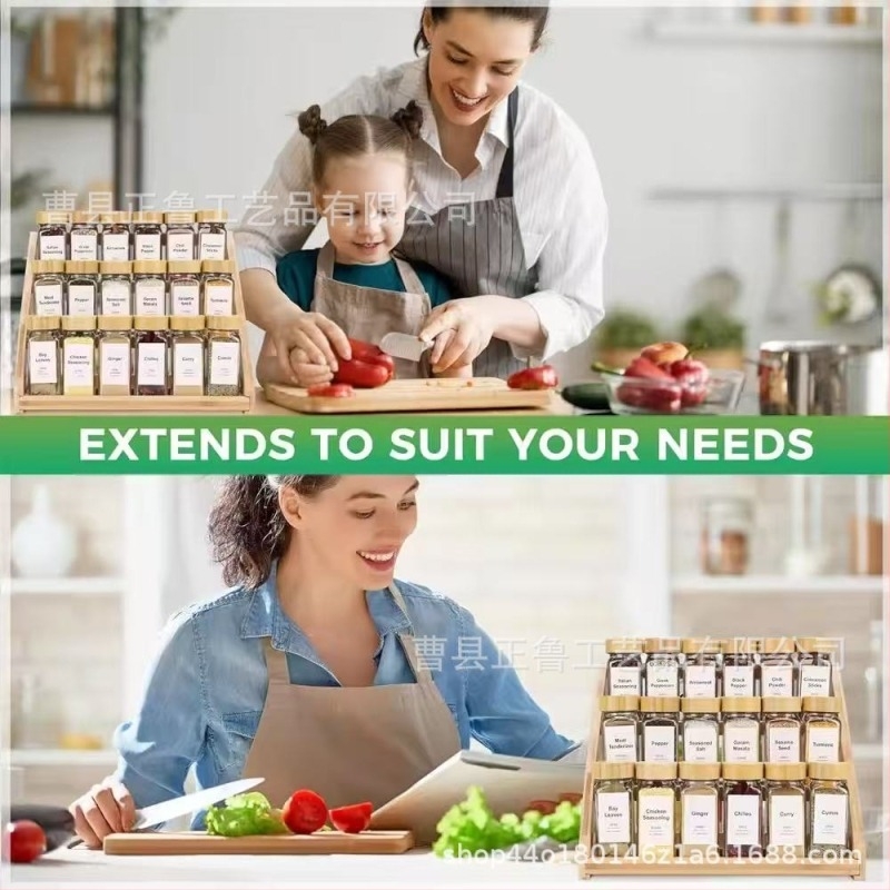 Raft pentru condimente din bambus și lemn, organizator de birou cu borcane din sticlă, un singur nivel, multifuncțional