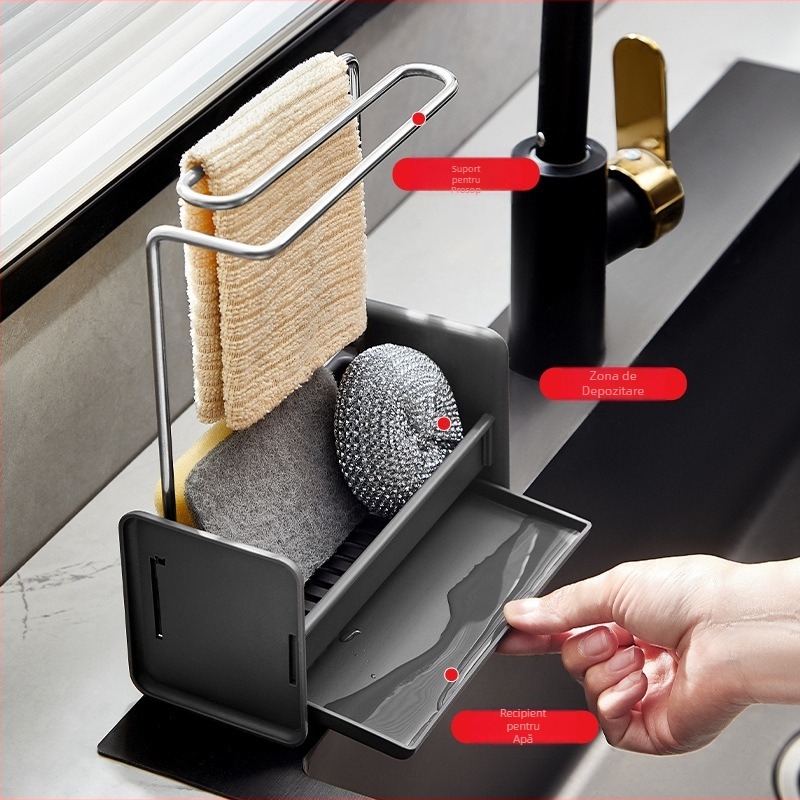 Raft de bucătărie din oțel inoxidabil pentru bureți și cârpe — fără găuri de montaj, montaj pe masă sau pe perete, multifuncțional, 1 nivel