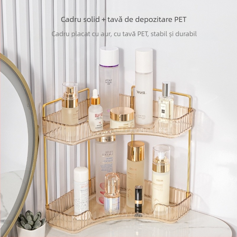 Raft de depozitare cosmetic colț pentru blat, dublu nivel, plastic și oțel, personalizabil