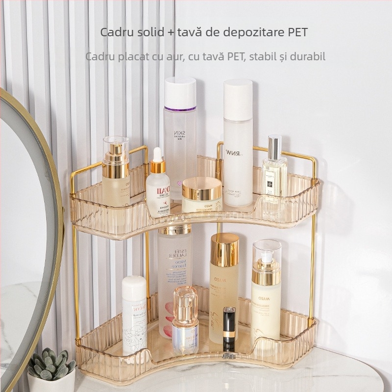Raft de depozitare cosmetic colț pentru blat, dublu nivel, plastic și oțel, personalizabil
