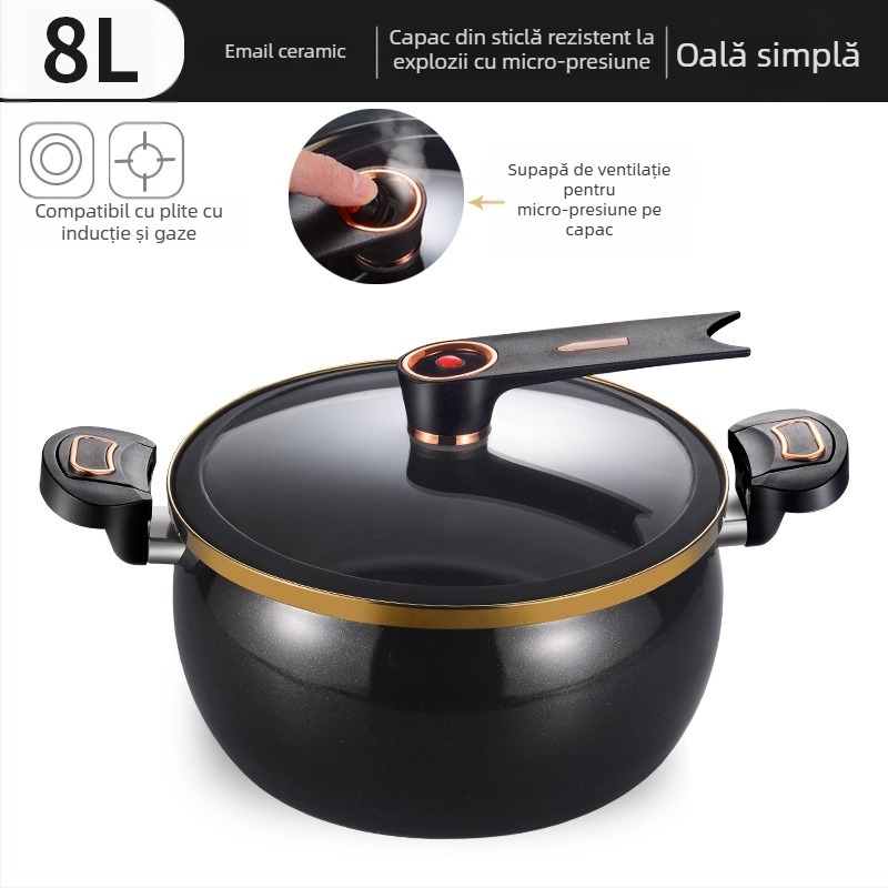 Oală de supă cu corp emailat ceramic, sistem de micro-presiune, capac din sticlă, suprafață antiaderentă, capacitate peste 5 L