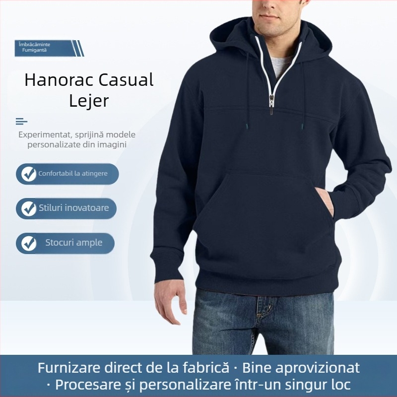 Hanorac masculin cu glugă, gros, fermoar frontal, croială Slim Fit, poliester 71–80%