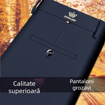 Pantaloni casual business pentru bărbați, croiți drept, fleece căptuțit, elastici, talie înaltă, fermoar, iarnă, fără călcare