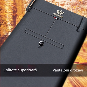 Pantaloni casual business pentru bărbați, croiți drept, fleece căptuțit, elastici, talie înaltă, fermoar, iarnă, fără călcare