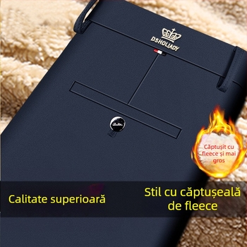 Pantaloni casual business pentru bărbați, croiți drept, fleece căptuțit, elastici, talie înaltă, fermoar, iarnă, fără călcare