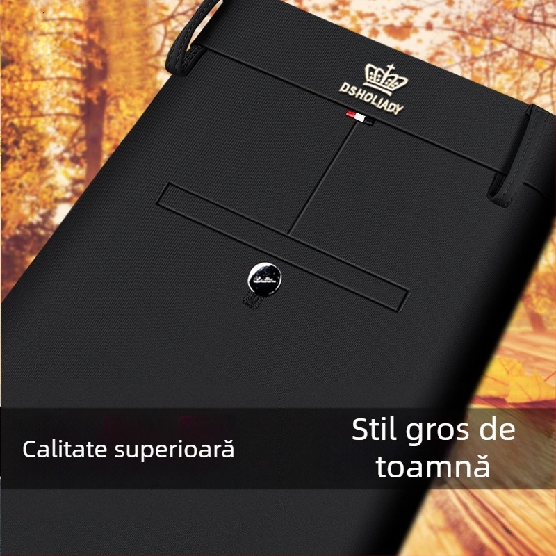 Pantaloni casual business pentru bărbați, croiți drept, fleece căptuțit, elastici, talie înaltă, fermoar, iarnă, fără călcare