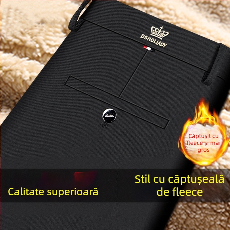 Pantaloni casual business pentru bărbați, croiți drept, fleece căptuțit, elastici, talie înaltă, fermoar, iarnă, fără călcare