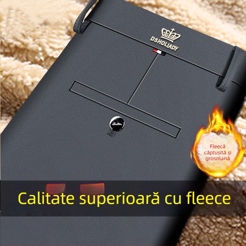 Pantaloni casual business pentru bărbați, croiți drept, fleece căptuțit, elastici, talie înaltă, fermoar, iarnă, fără călcare