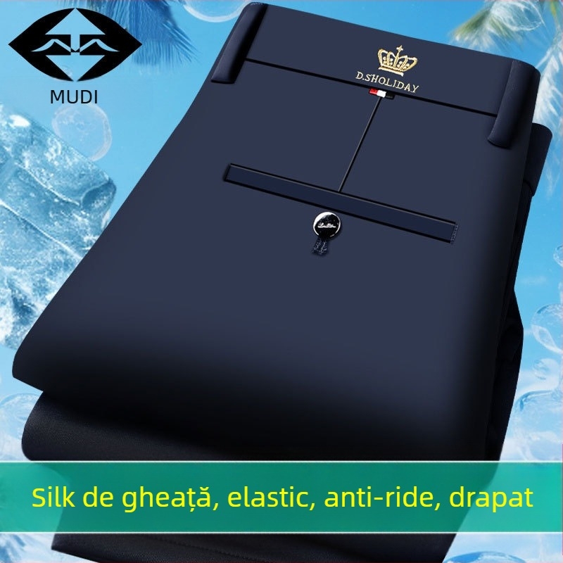 Pantaloni casual business pentru bărbați, croiți drept, fleece căptuțit, elastici, talie înaltă, fermoar, iarnă, fără călcare