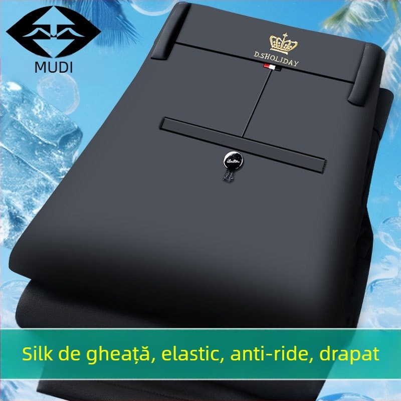 Pantaloni casual business pentru bărbați, croiți drept, fleece căptuțit, elastici, talie înaltă, fermoar, iarnă, fără călcare