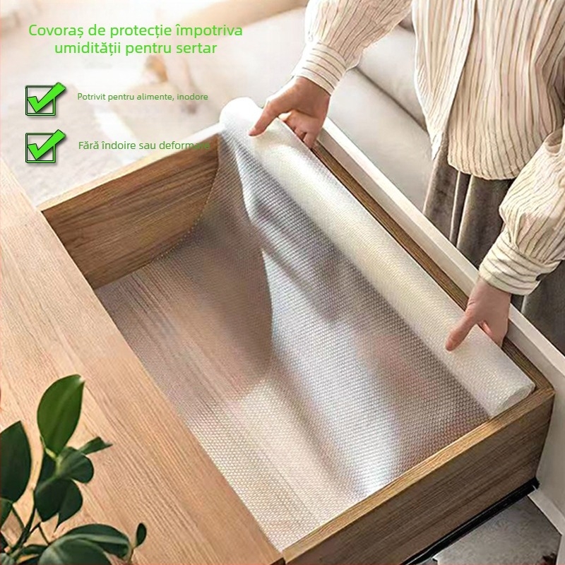 Hârtie-pătură pentru sertare de bucătărie, impermeabilă la umiditate, cu strat EVA rezistent la apă, pe bază PE (conținut EVA 99%), design modern minimalist