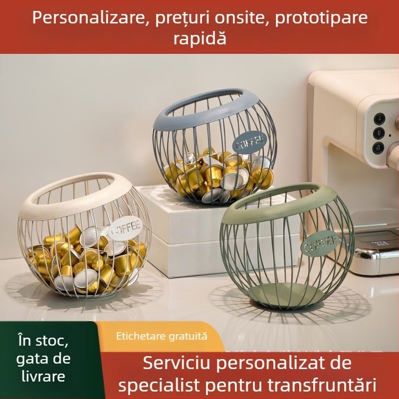 Coș metalic de depozitare pentru capsule de cafea, fructe și gustări — model 527 • material: metal • stil: modern simplu • categorie: coș de depozitare