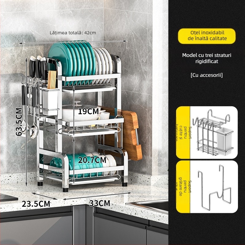 Raft pentru vase din oțel inoxidabil, pentru blat — multistrat, design modern și simplu