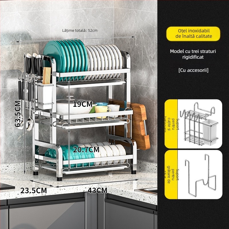 Raft pentru vase din oțel inoxidabil, pentru blat — multistrat, design modern și simplu