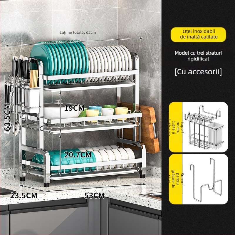 Raft pentru vase din oțel inoxidabil, pentru blat — multistrat, design modern și simplu