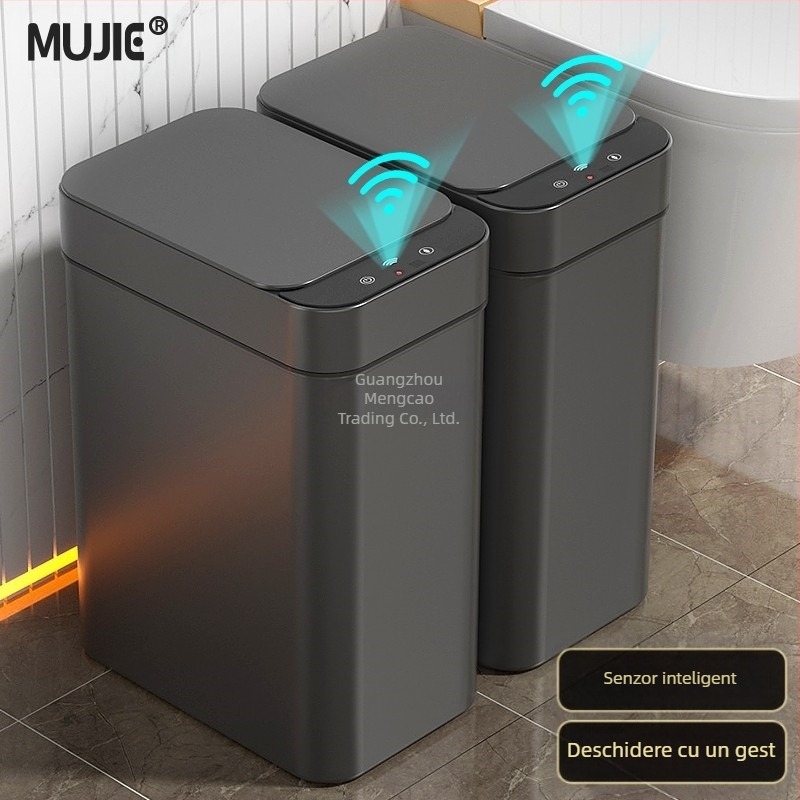 Coș de gunoi inteligent pentru uz casnic – cu senzor, complet automat, din plastic, formă cilindrică lungă, 100% material nou