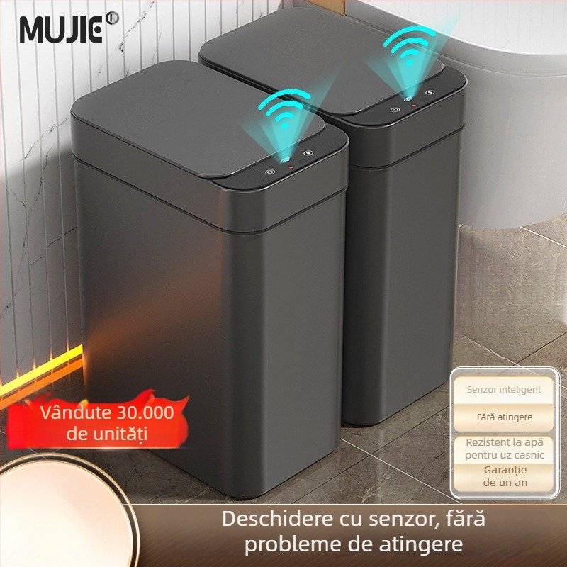 Coș de gunoi inteligent pentru uz casnic – cu senzor, complet automat, din plastic, formă cilindrică lungă, 100% material nou