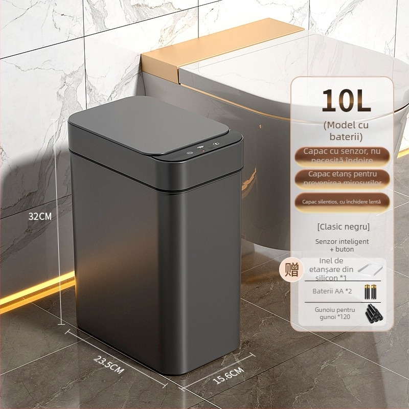 Coș de gunoi inteligent pentru uz casnic – cu senzor, complet automat, din plastic, formă cilindrică lungă, 100% material nou