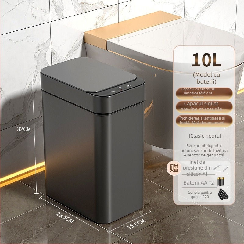 Coș de gunoi inteligent pentru uz casnic – cu senzor, complet automat, din plastic, formă cilindrică lungă, 100% material nou