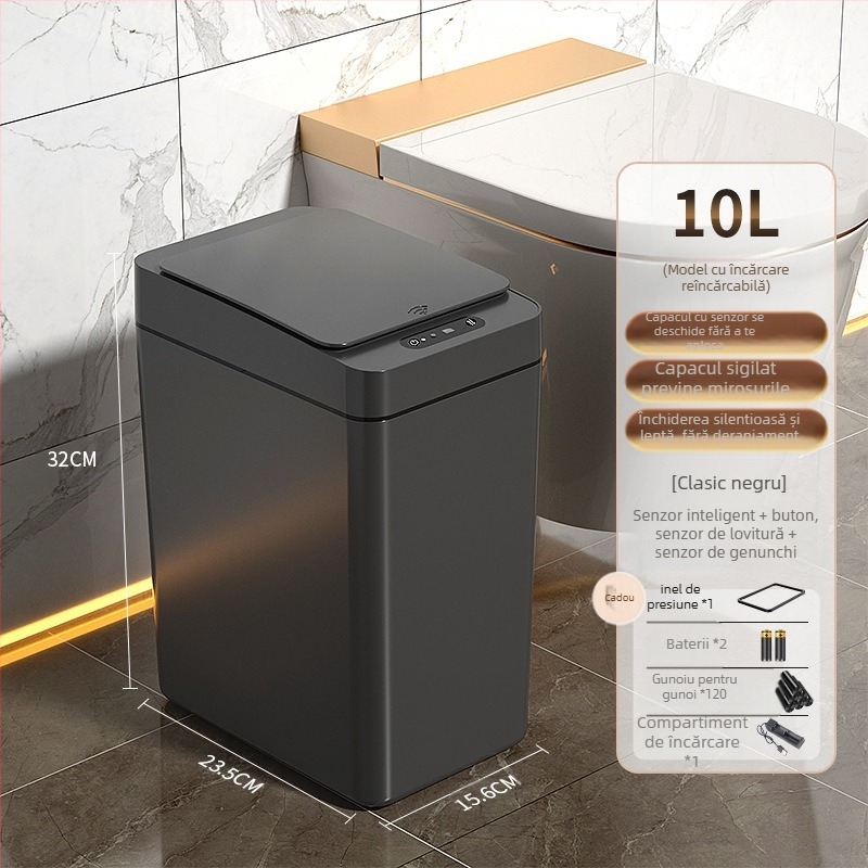 Coș de gunoi inteligent pentru uz casnic – cu senzor, complet automat, din plastic, formă cilindrică lungă, 100% material nou