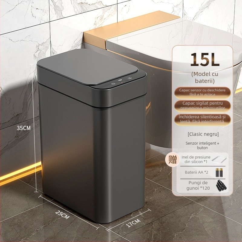 Coș de gunoi inteligent pentru uz casnic – cu senzor, complet automat, din plastic, formă cilindrică lungă, 100% material nou