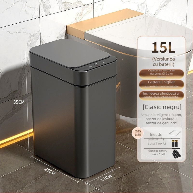 Coș de gunoi inteligent pentru uz casnic – cu senzor, complet automat, din plastic, formă cilindrică lungă, 100% material nou