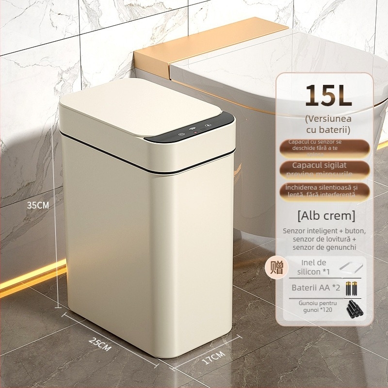 Coș de gunoi inteligent pentru uz casnic – cu senzor, complet automat, din plastic, formă cilindrică lungă, 100% material nou