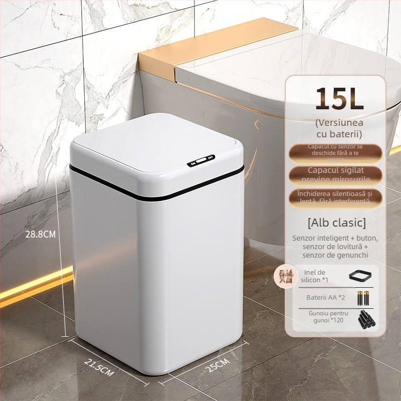 Coș de gunoi inteligent pentru uz casnic – cu senzor, complet automat, din plastic, formă cilindrică lungă, 100% material nou