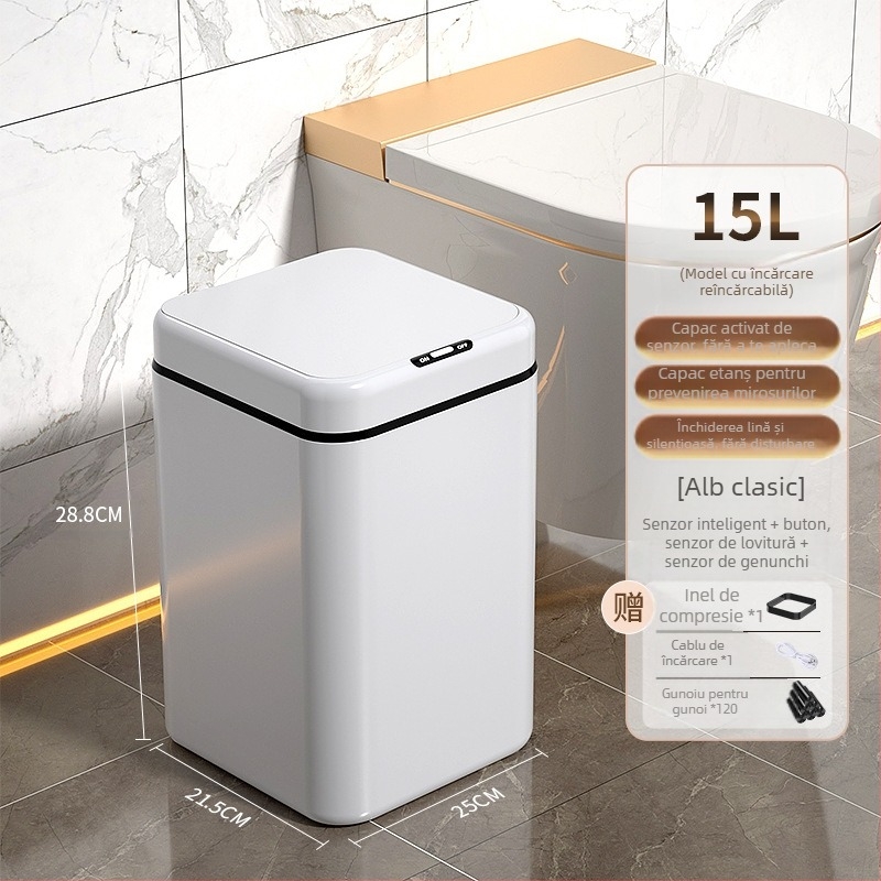 Coș de gunoi inteligent pentru uz casnic – cu senzor, complet automat, din plastic, formă cilindrică lungă, 100% material nou