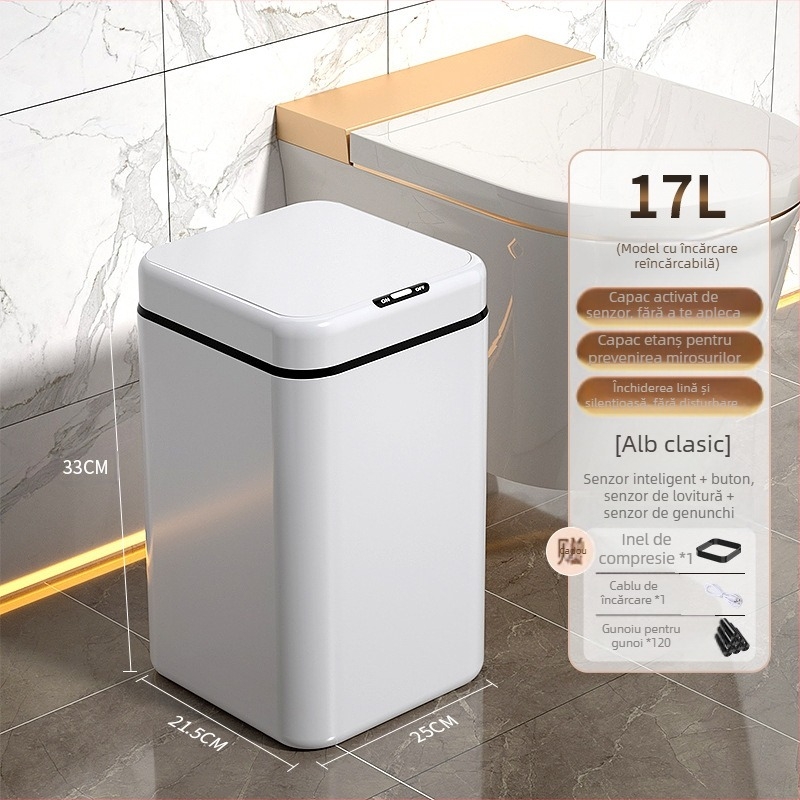 Coș de gunoi inteligent pentru uz casnic – cu senzor, complet automat, din plastic, formă cilindrică lungă, 100% material nou