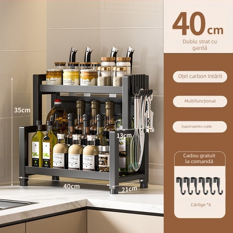 Raft de condimente pentru masă din oțel inoxidabil, multi-strat, cu suport pentru cuțite și tacâmuri, spațiu pentru ulei, sare, sos și oțet