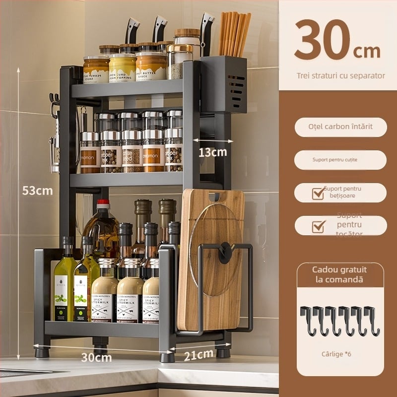 Raft de condimente pentru masă din oțel inoxidabil, multi-strat, cu suport pentru cuțite și tacâmuri, spațiu pentru ulei, sare, sos și oțet